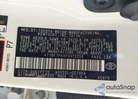 2015 Toyota Camry Se z USA, uszkodzony, nr VIN 4T1BF1FK4FU012056